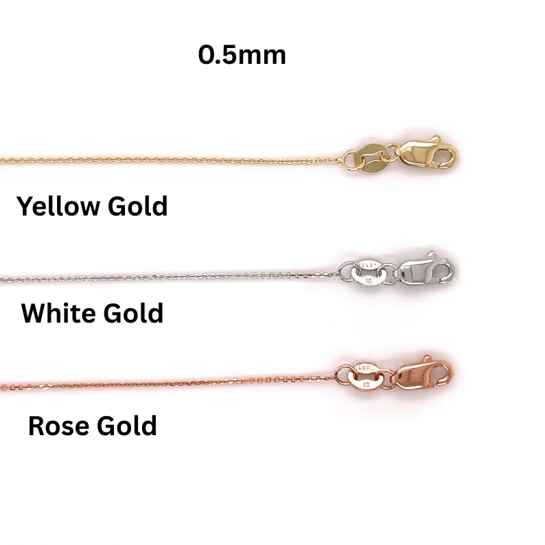 14k Solid Yellow, White or Rose Gold Diamond Cut Cable Chain Necklace, 0.5mm Wide.