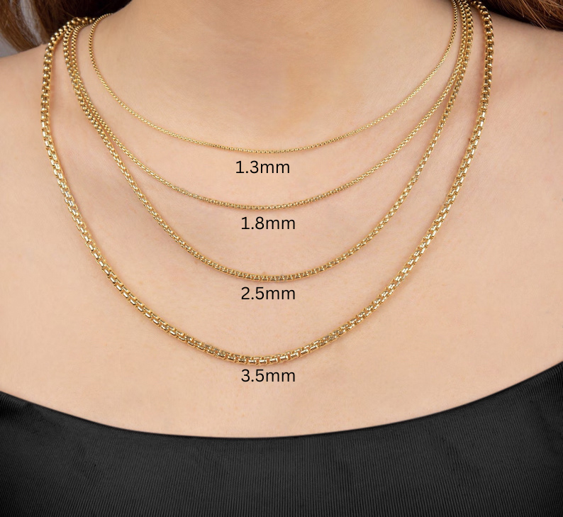 14K Yellow Gold Round Box Chain Necklace, 1.3mm To 3.5mm Wide.