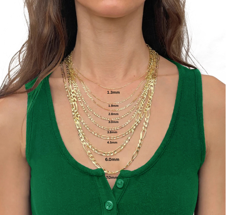 Solid 14K Yellow Gold Figaro Chain Necklace, 1.3mm To 7mm Wide.