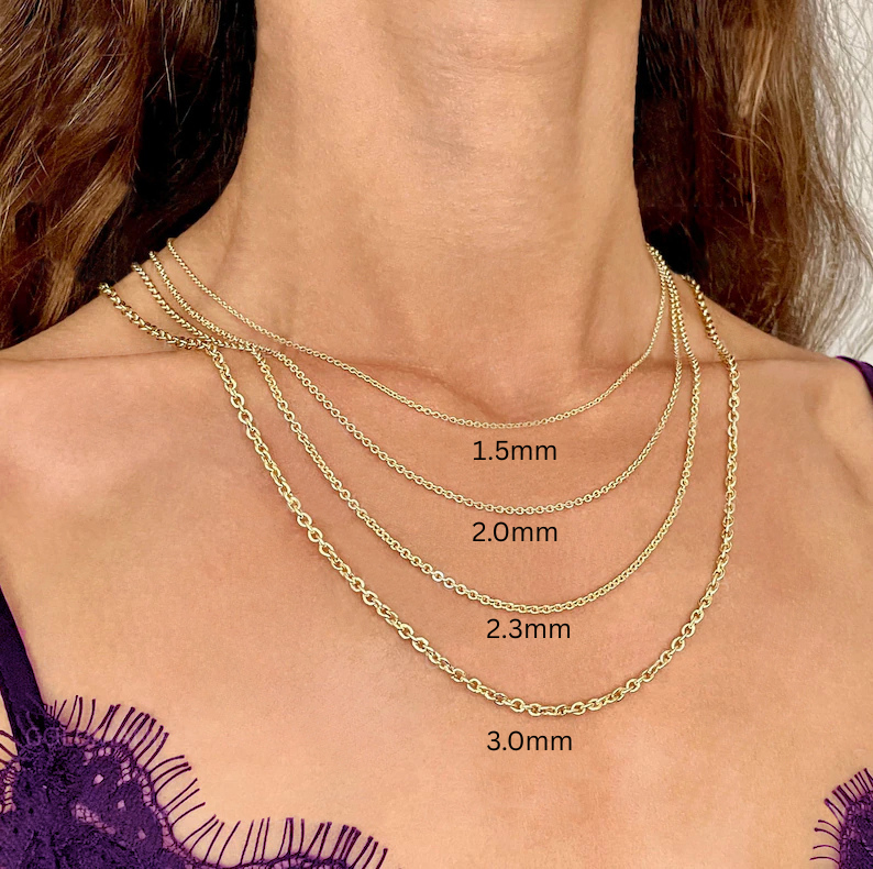 14K Gold Forsantina Cable Link Chain Necklace, 1.5mm to 3.0mm Wide.
