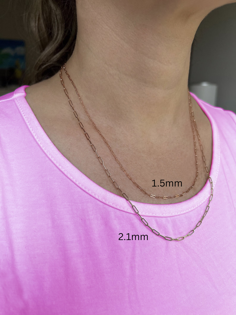 Solid 14k Rose Gold Paperclip Chain Necklace, 1.5mm or 2.1mm Wide