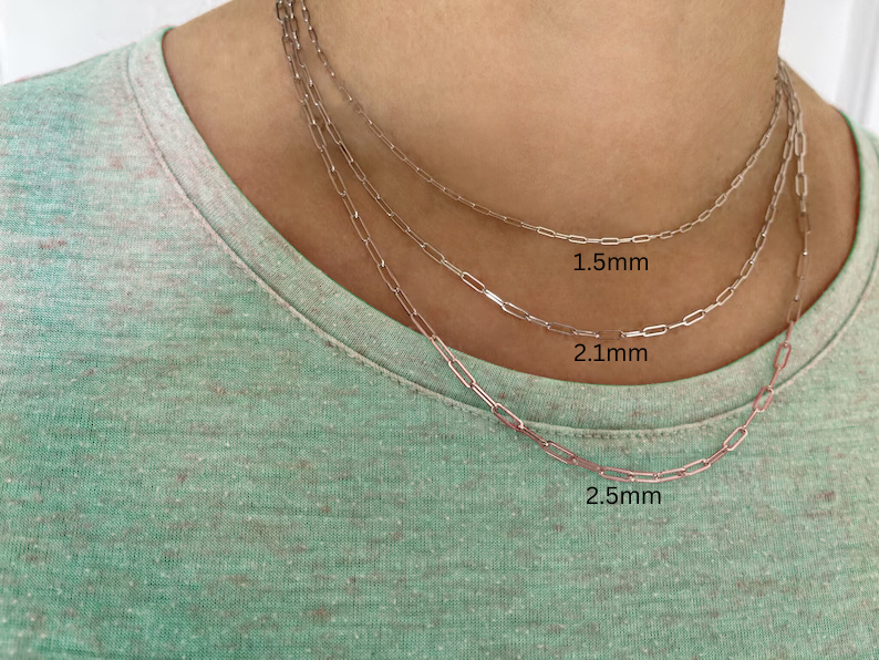 14k Solid White Gold Paperclip Chain Necklace, 1.5mm to 2.1mm Wide
