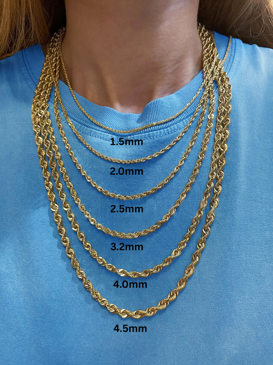 14K Yellow Gold Rope Chain Necklace, 1.5mm - 4.5mm Wide