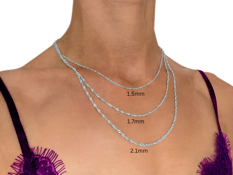 14K Solid White Gold Singapore Chain Necklace, 1.5mm TO 2.1mm Wide.
