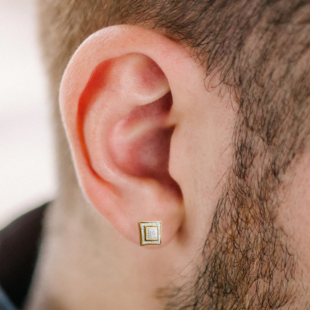 Men's 14K Gold and Sterling Silver Square Lab Diamond Earrings