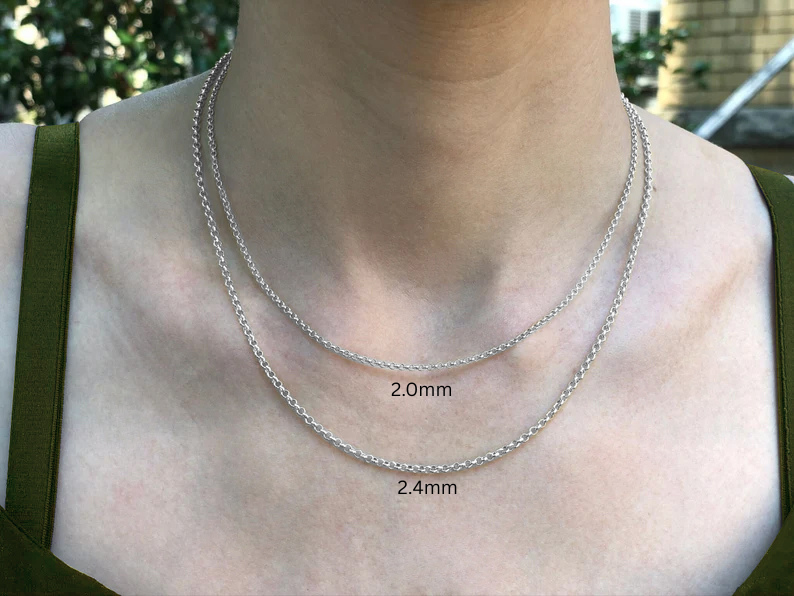 14K White Gold Rolo Chain Necklace, 2.0mm to 2.4mm Wide.