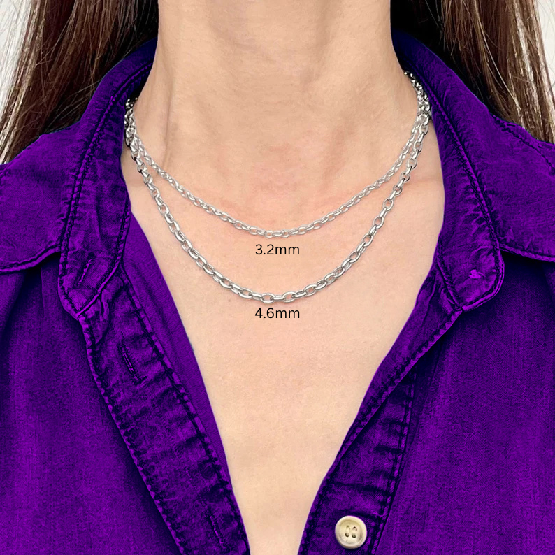 14K White Gold Oval Rolo Chain Necklace, 3.2mm to 4.6mm Wide