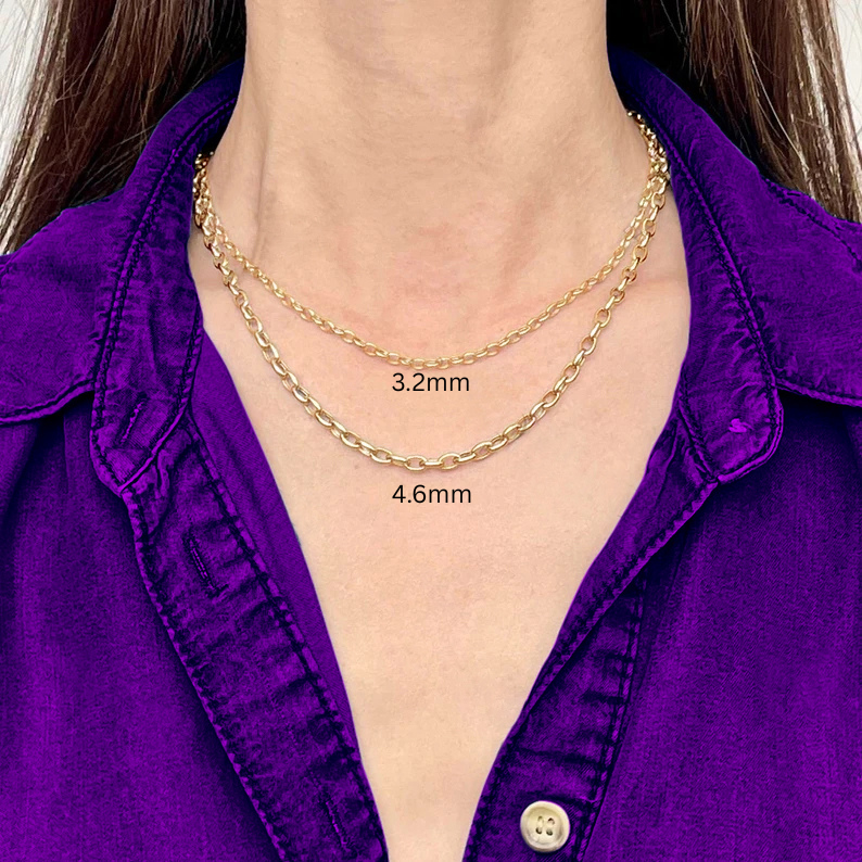 14K Yellow Gold Oval Rolo Chain Necklace, 3.2MM 4.6MM Wide.