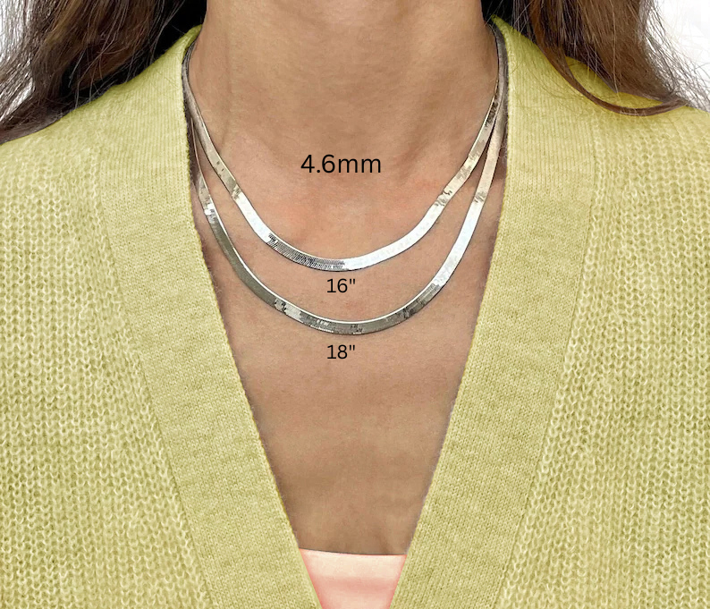 14K Solid White Gold Herringbone Chain Necklace, 3mm or 4.6mm Wide