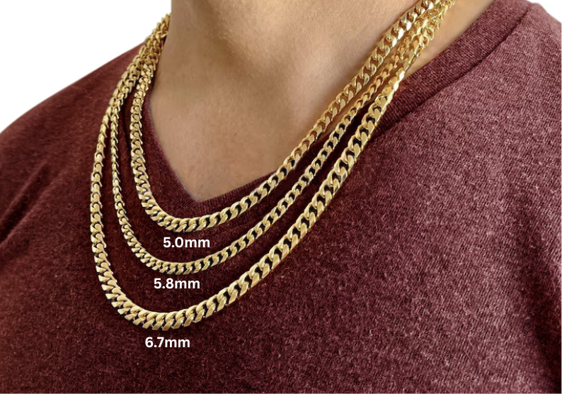 14K Solid Yellow Gold Miami Cuban Chain, 5.0mm to 6.7mm Wide