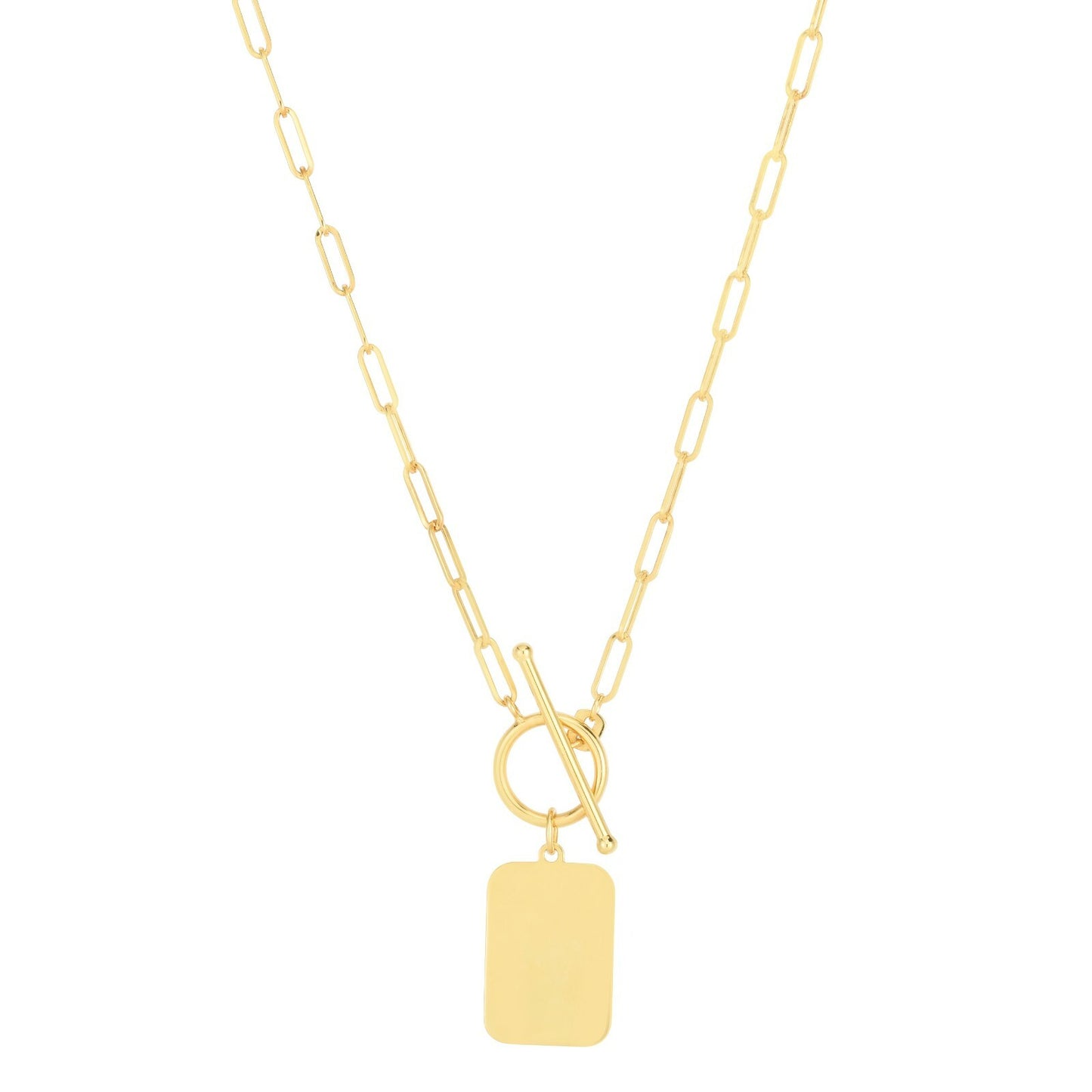 14K Yellow Gold Paperclip Chain Engravable Tag Toggle Necklace, 2.5mm Wide