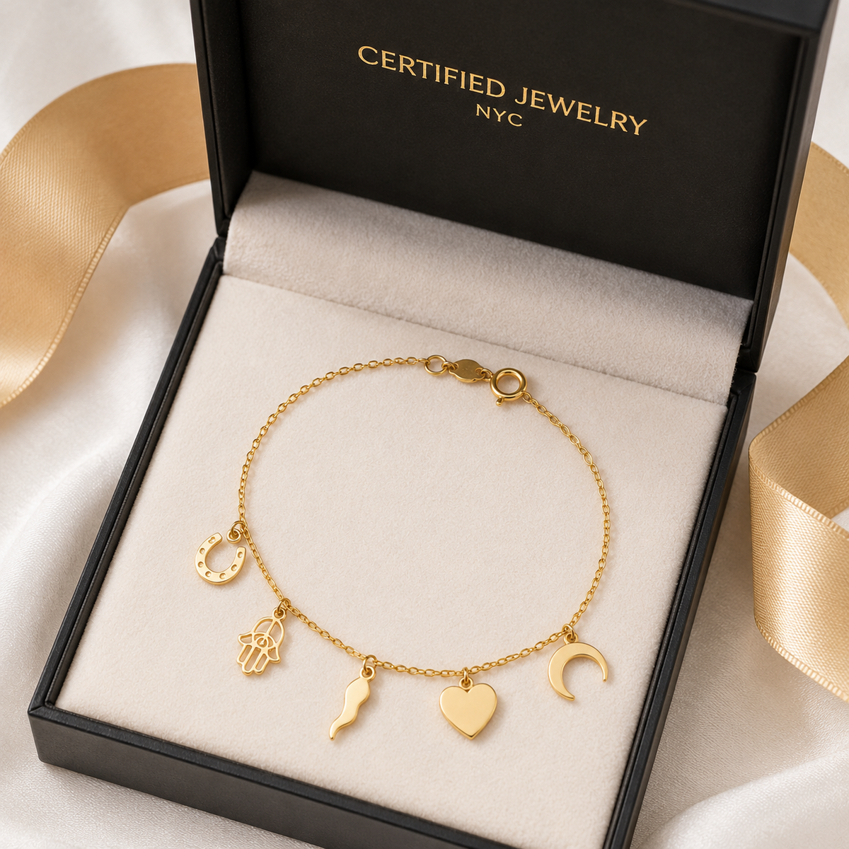 14K Solid Yellow Gold Charm Bracelet Real Italian Gold Dangle Charm Bracelet