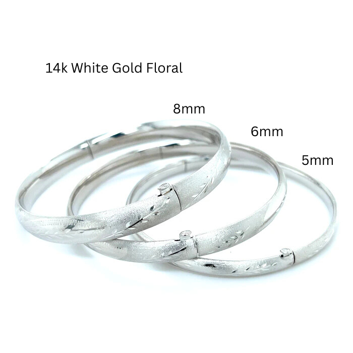 14K White Gold Polished Floral Bangle Bracelet, 5mm TO 8mm Wide