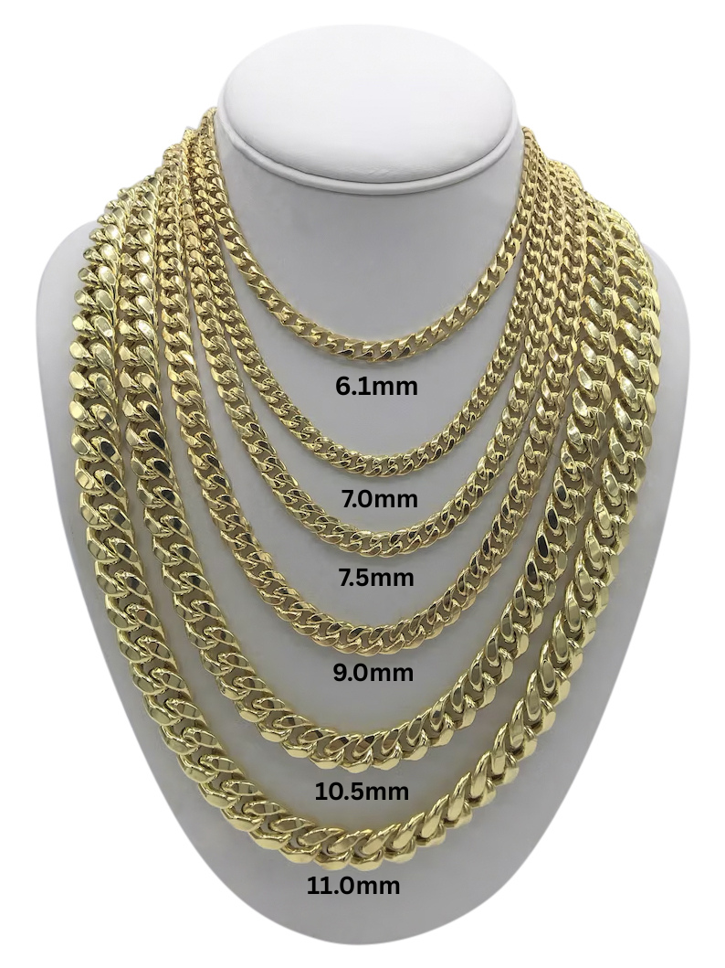 14K Yellow Gold Miami Cuban Chain Necklace, 6.0mm to 11.0mm Wide.