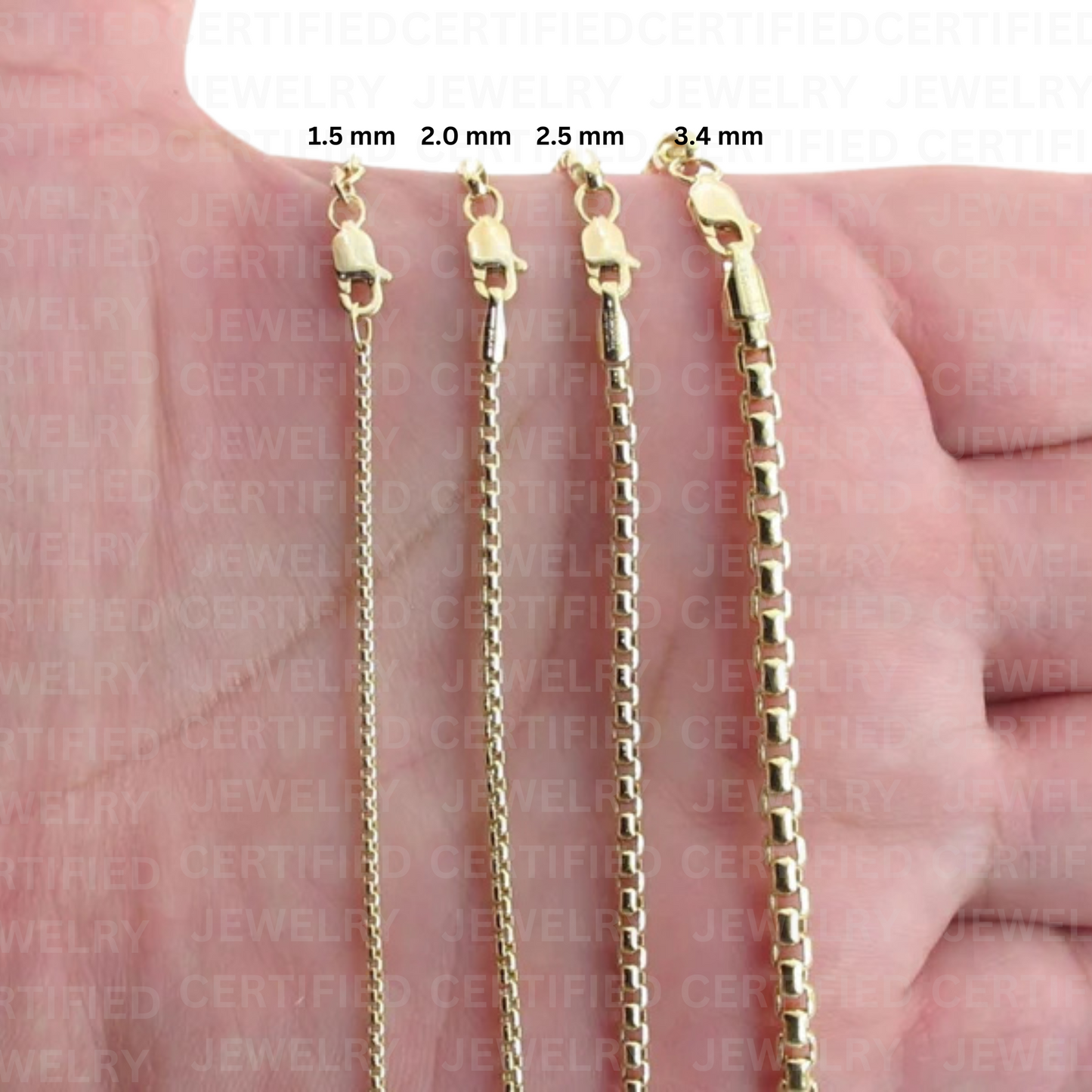 14K Yellow Gold Round Box Chain Necklace, 1.3mm To 3.5mm Wide.