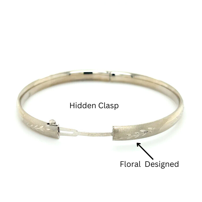 14K White Gold Polished Floral Bangle Bracelet, 5mm TO 8mm Wide