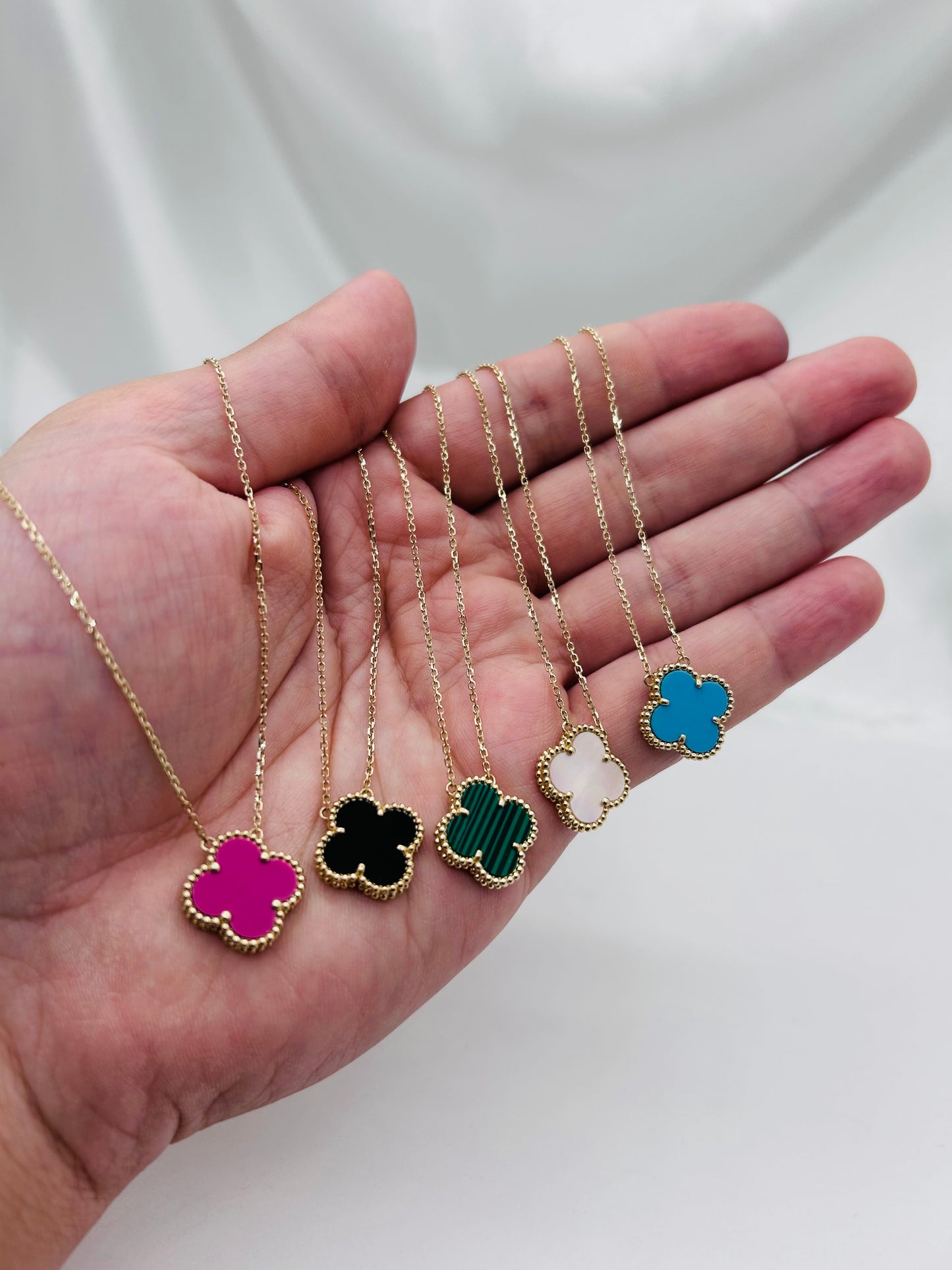 Solid Gold Four Leaf Clover Necklace, Mother Of Pearl, Onyx, Green, Turquoise & Pink