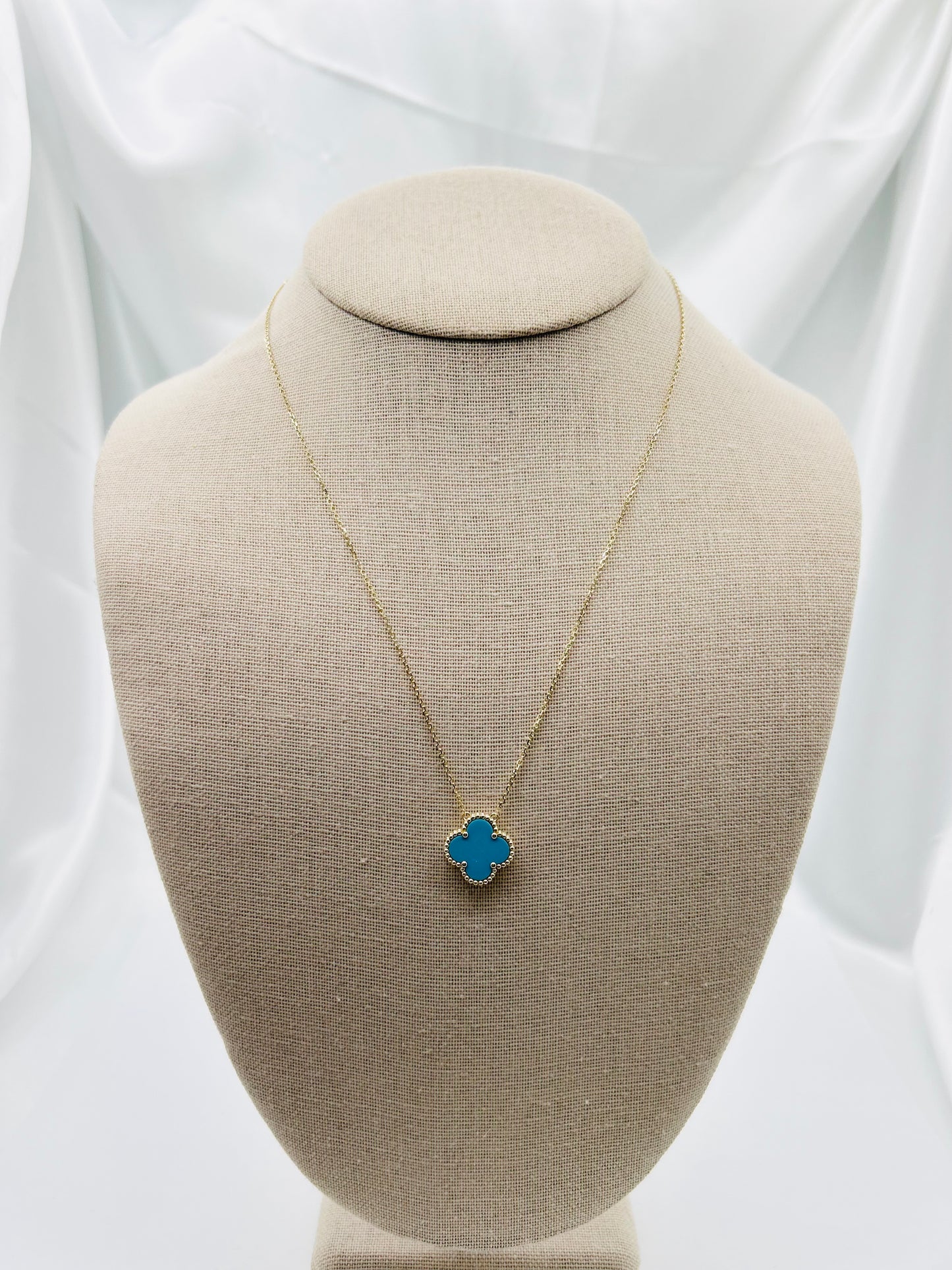 Solid Gold Four Leaf Clover Necklace, Mother Of Pearl, Onyx, Green, Turquoise & Pink