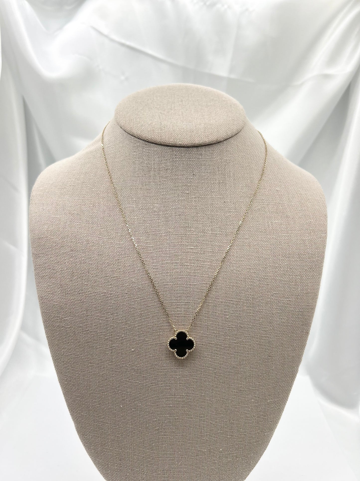 Solid Gold Four Leaf Clover Necklace, Mother Of Pearl, Onyx, Green, Turquoise & Pink