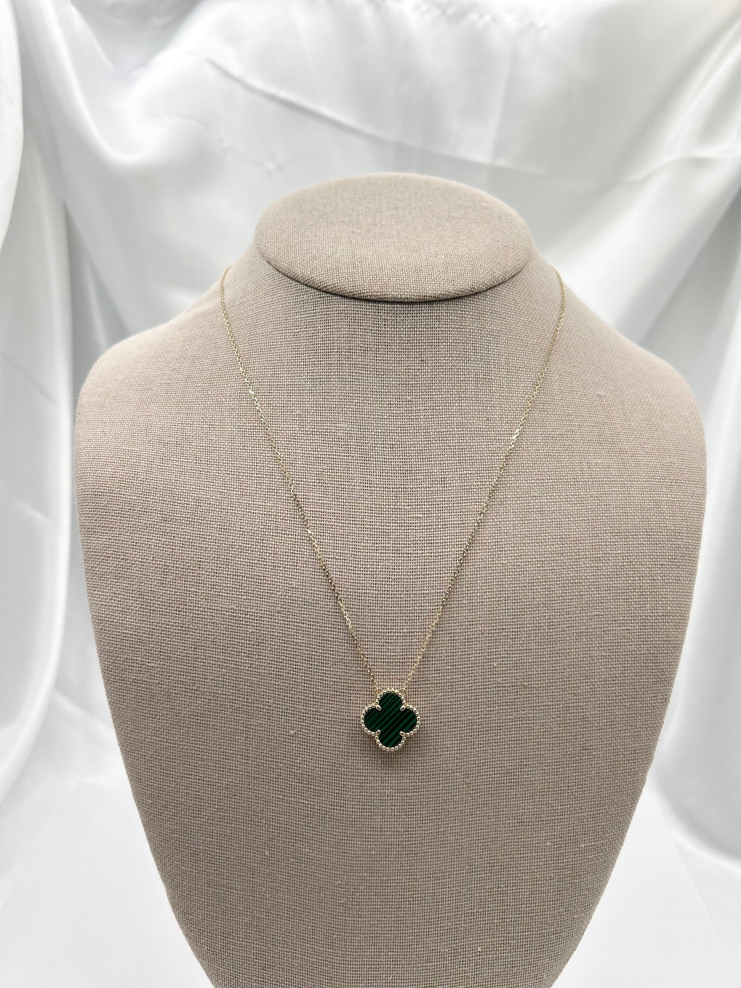Solid Gold Four Leaf Clover Necklace, Mother Of Pearl, Onyx, Green, Turquoise & Pink