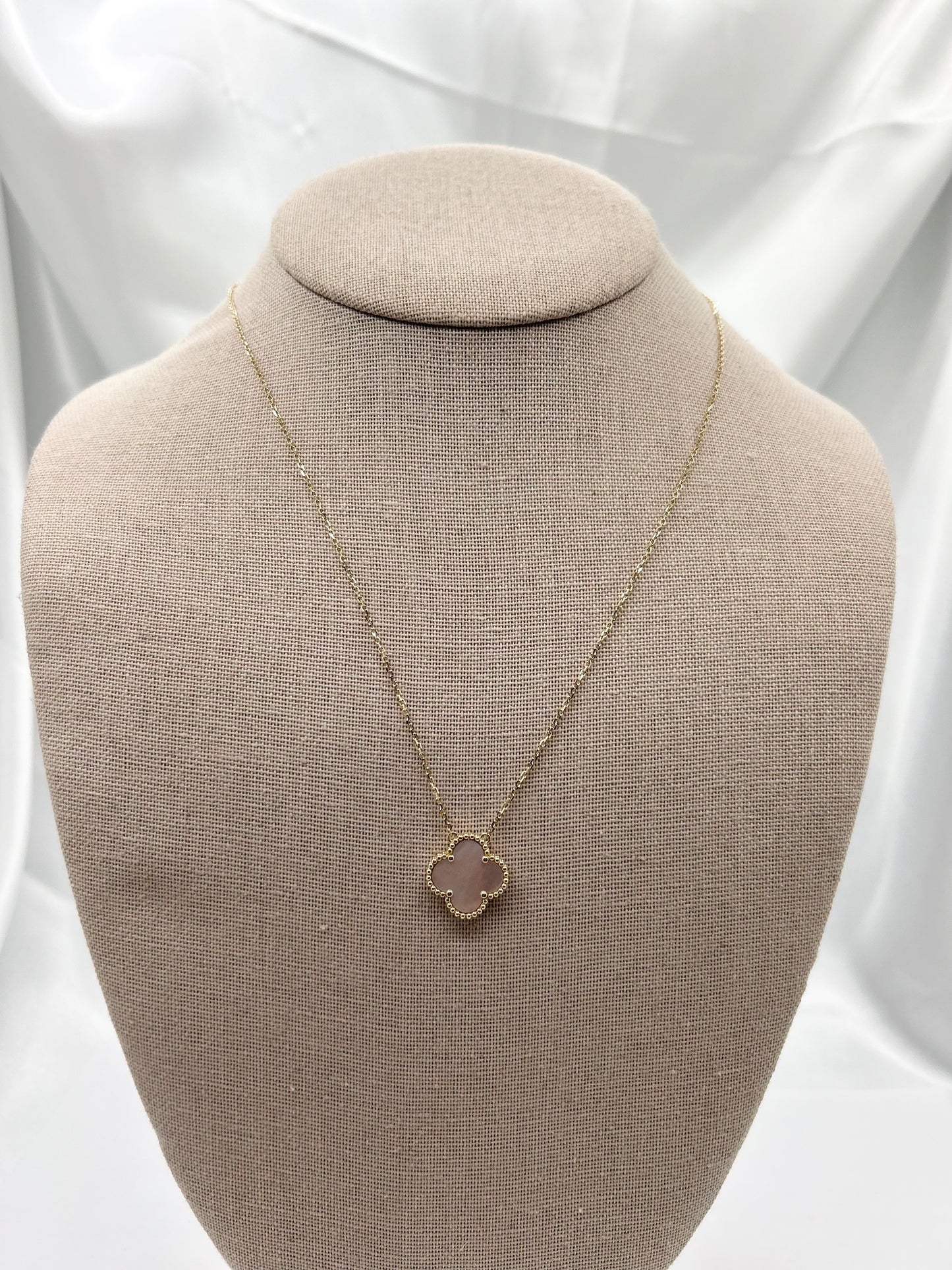 Solid Gold Four Leaf Clover Necklace, Mother Of Pearl, Onyx, Green, Turquoise & Pink