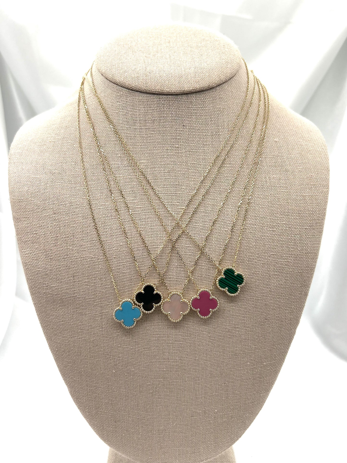 Solid Gold Four Leaf Clover Necklace, Mother Of Pearl, Onyx, Green, Turquoise & Pink