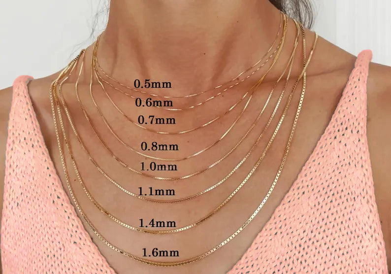 Solid 14K Yellow Gold Box Chain Necklace, 0.8mm To 1.6mm Wide