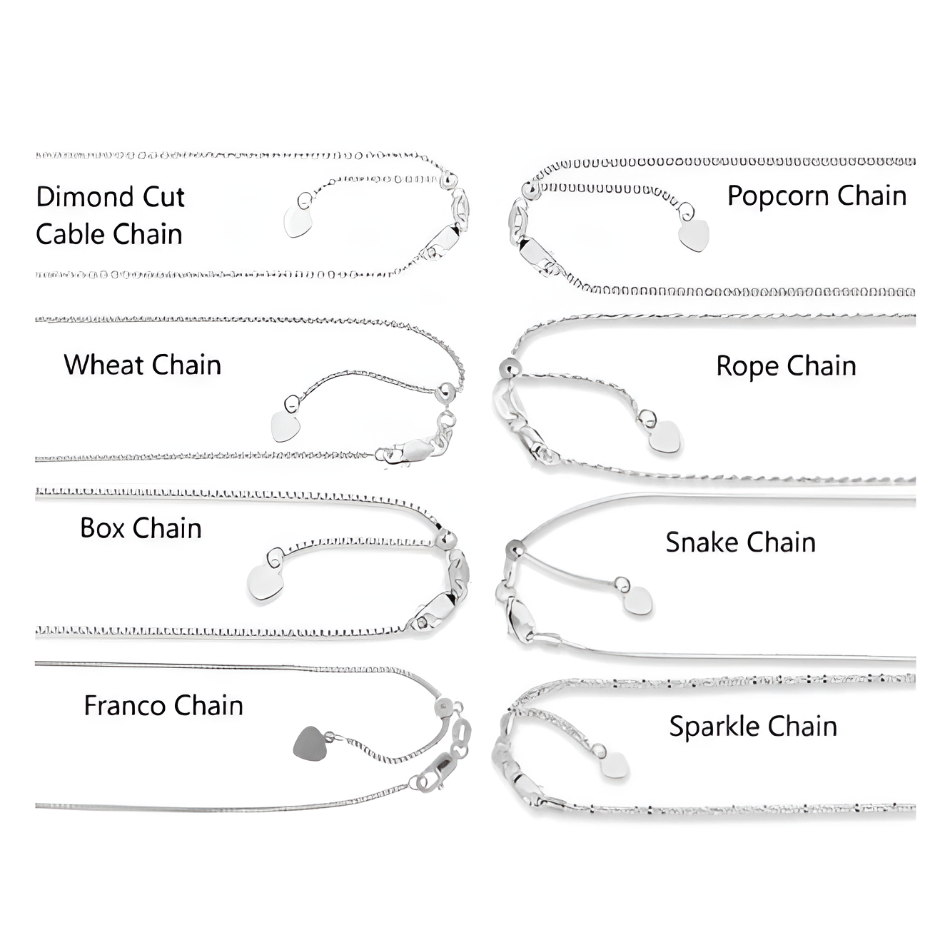 14K Solid White Gold Adjustable Chain Necklace, 0.70mm to 1.5mm Wide.