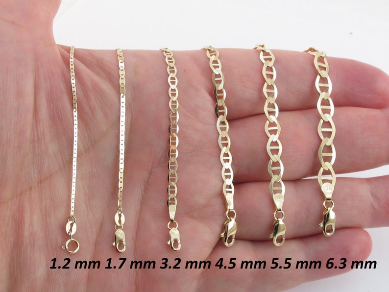 Solid 14K Yellow Gold Mariner Link Chain Necklace, 1.2mm To 6.3mm Wide
