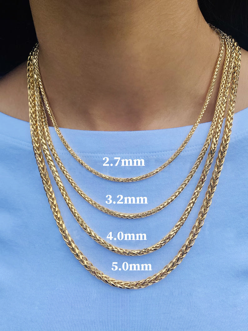14K Yellow Gold Diamond Cut Round Wheat Chain Necklace, 2.7mm to 5.2mm Wide