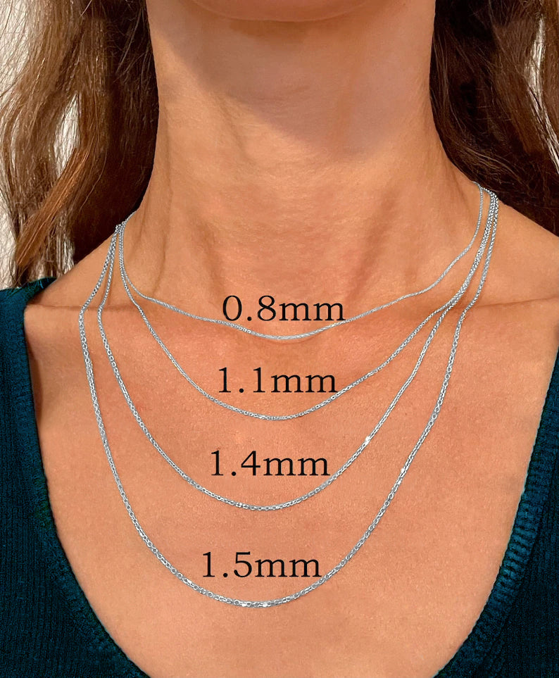 14K Solid White Gold Oval Cable Link Chain Necklace, 0.85 mm to 1.5 mm Wide