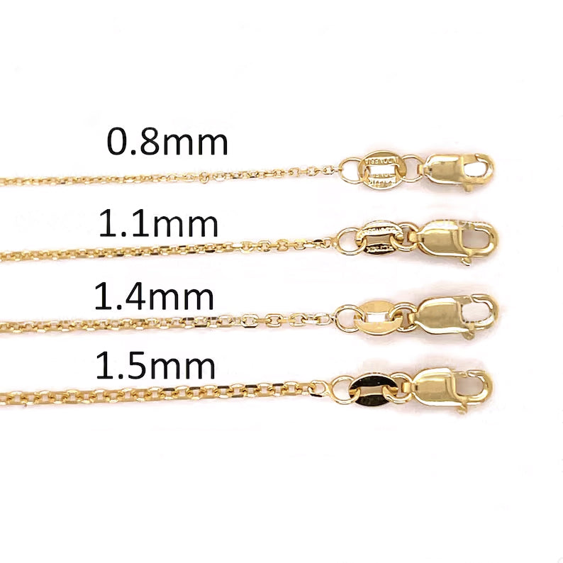 14K Solid Yellow Gold Oval Cable Link Chain,0.8mm to 1.5mm Wide.