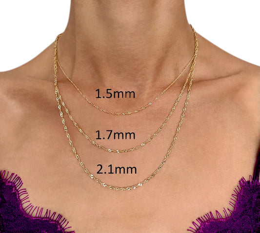 14K Solid Yellow Gold Singapore Rope Chain Necklace, 0.8mm to 2.1mm Wide.