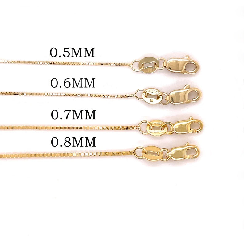 Solid 14K Yellow Gold Box Chain Necklace, 0.5mm To 0.7mm Wide