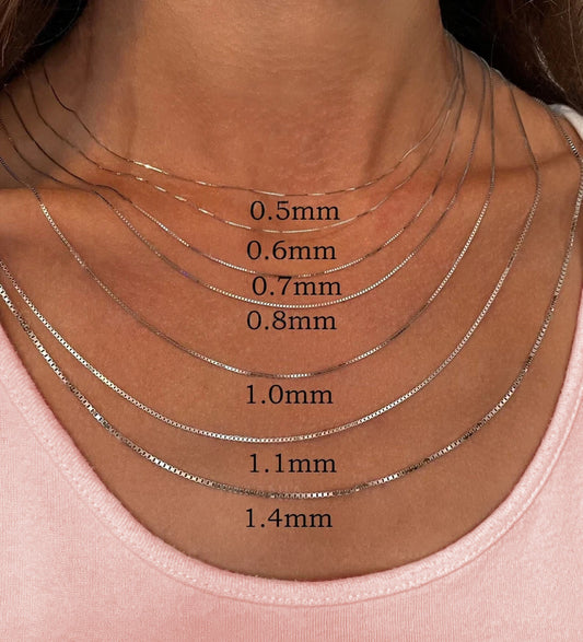 14K Solid White Gold Box Chain Necklace, 0.8mm to 1.5mm Wide.
