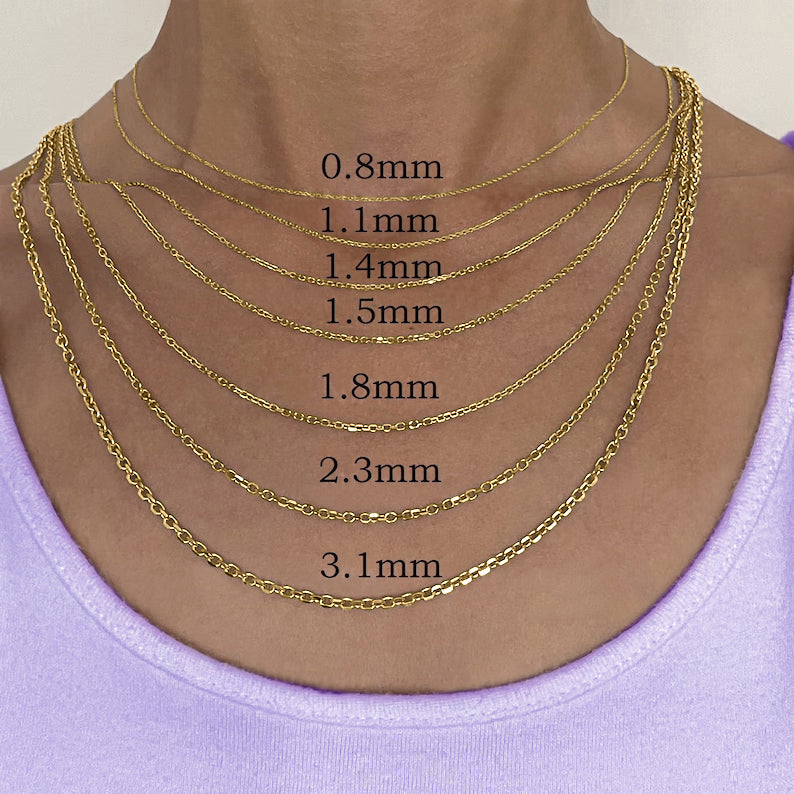 14K Yellow Gold Diamond Cut Oval Cable Link Chain Necklace, 0.8mm to 3.6mm Wide.