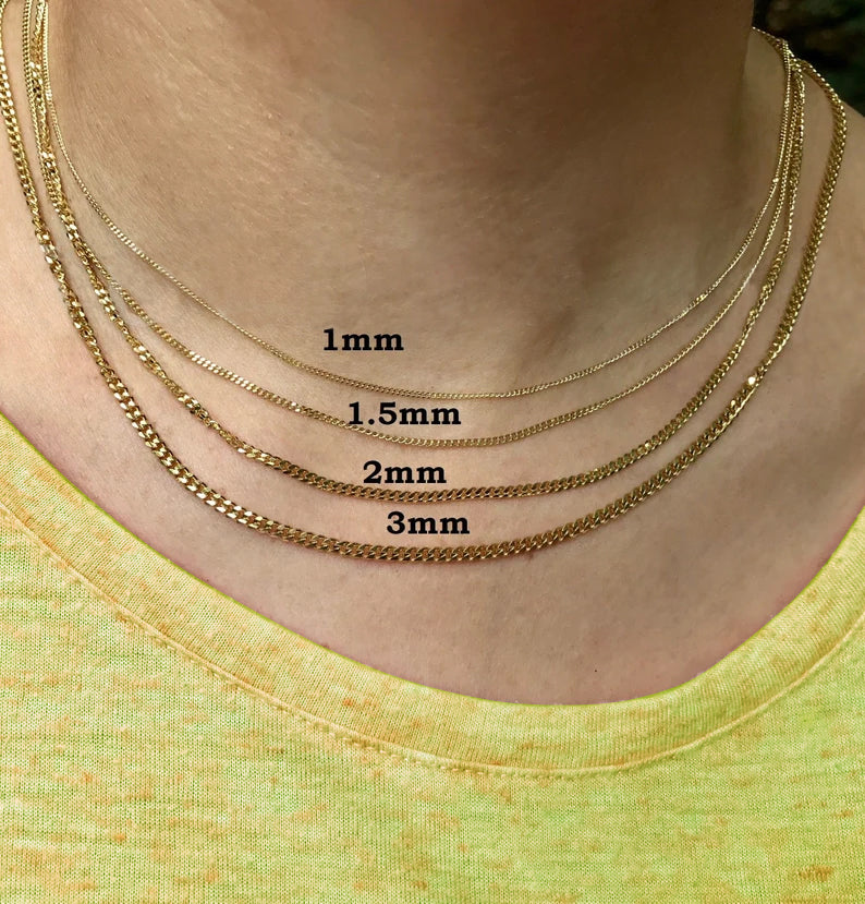 Solid 14K Gold Gourmette Chain Necklace, 1.0mm to 3.0mm Wide