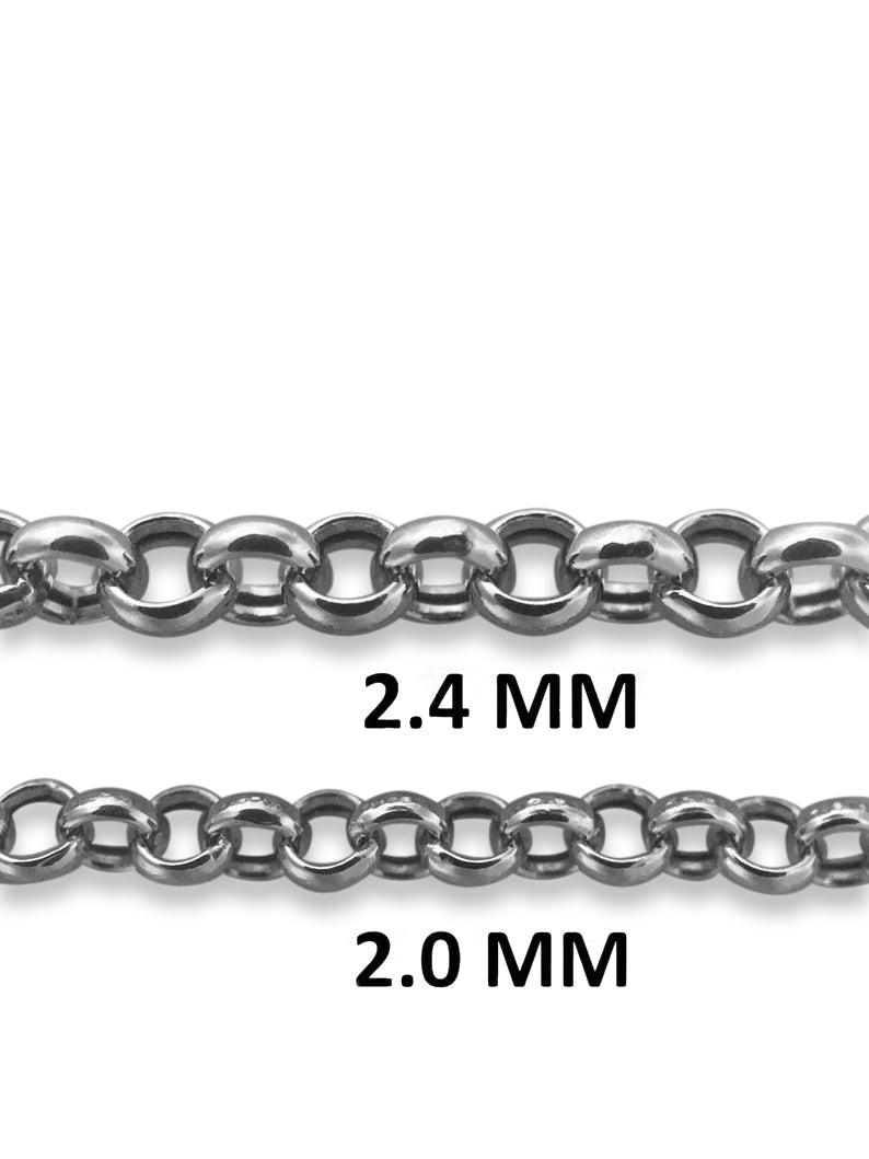 14K White Gold Rolo Chain Necklace, 2.0mm to 2.4mm Wide.