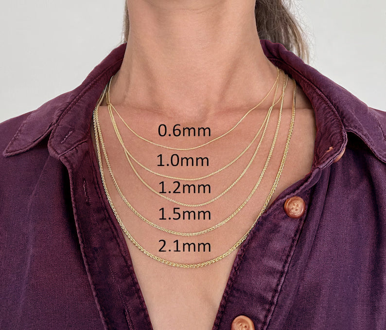 Solid 14K Yellow Gold Round Wheat Chain Necklace, 0.6mm To 2.1mm Wide