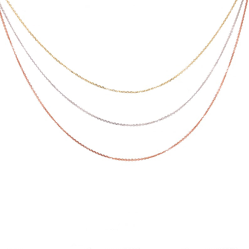 14k Solid Yellow, White or Rose Gold Diamond Cut Cable Chain Necklace, 0.5mm Wide.