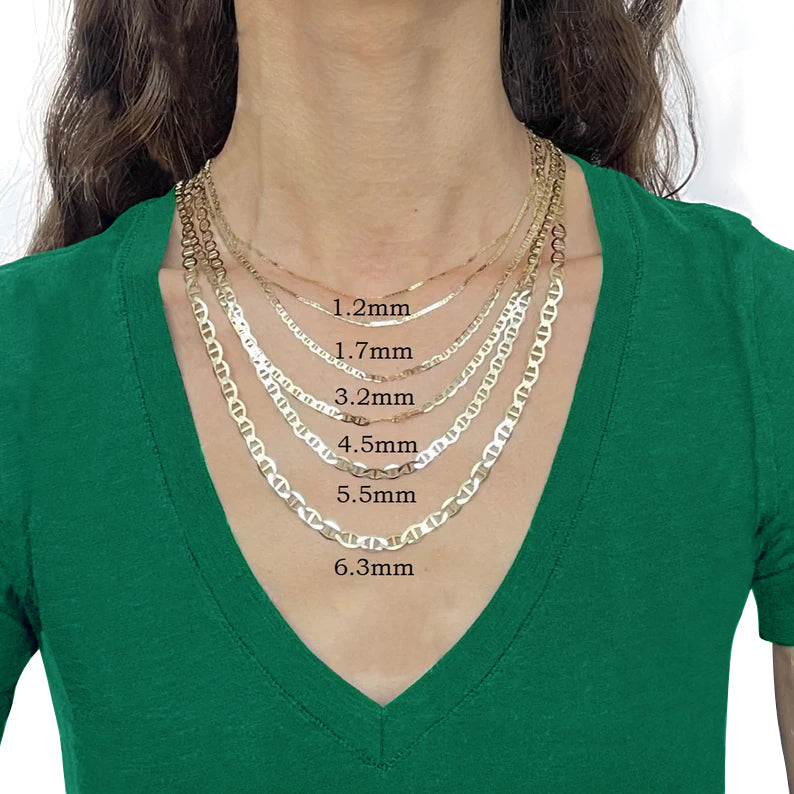 Solid 14K Yellow Gold Mariner Link Chain Necklace or Bracelet, 1.2mm To 6.3mm Wide