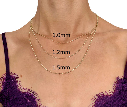 14K Solid Yellow Gold Bar and Ball Chain Necklace, 1.0mm TO 1.50mm Wide