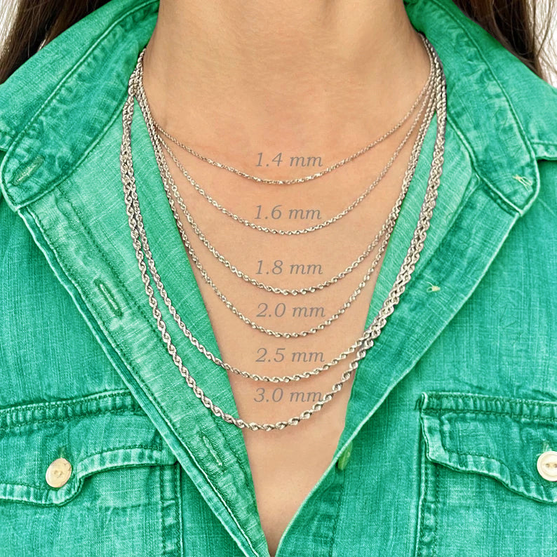 14K Solid White Gold Diamond Cut Rope Chain Necklace, 1.4mm to 3.0mm Wide