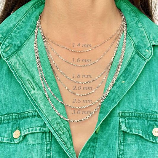 14K Solid White Gold Diamond Cut Rope Chain Necklace, 1.4mm to 3.0mm Wide
