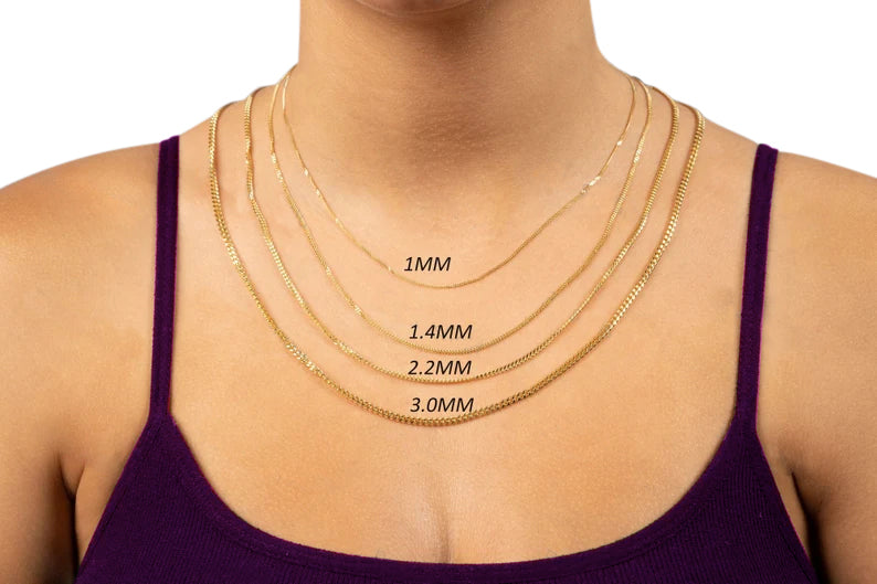 Solid 14K Gold Gourmette Chain Necklace, 1.0mm to 3.0mm Wide
