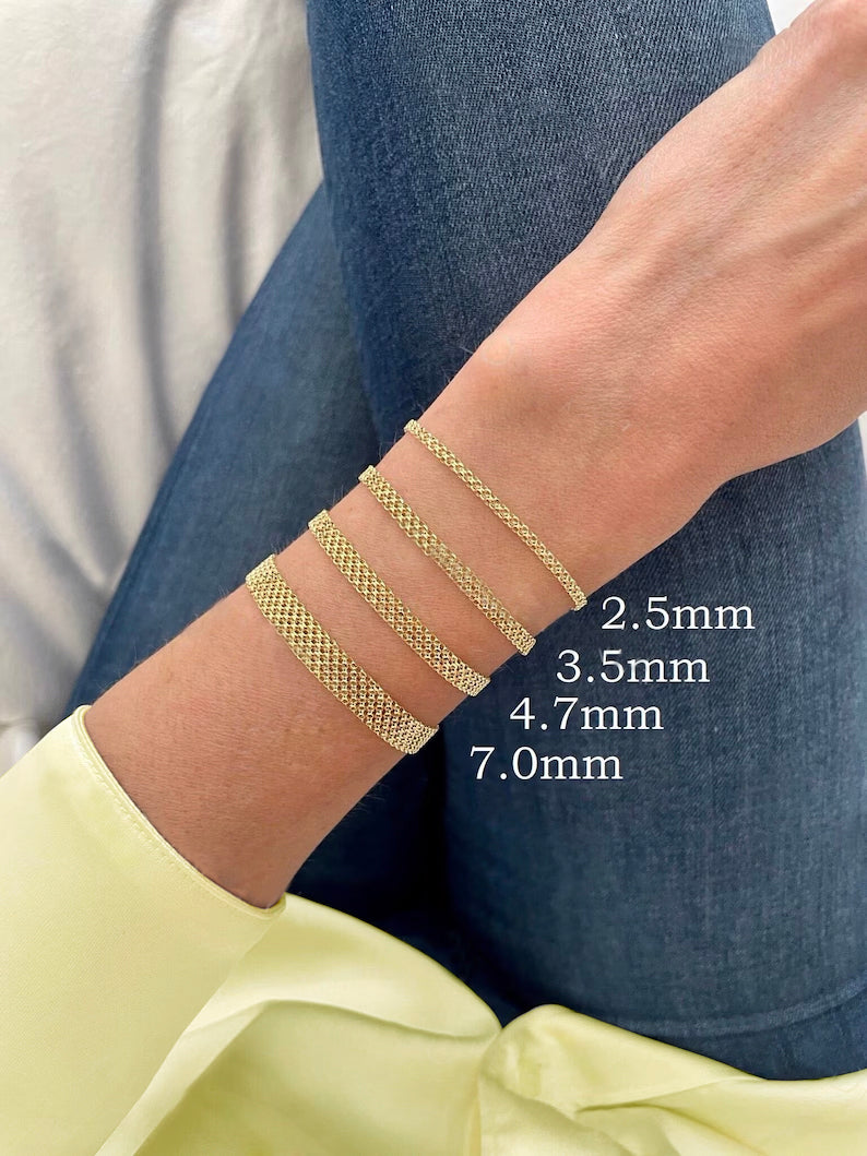 14K Solid Gold Bismark Bracelet, 2.5mm to 7.0mm Wide