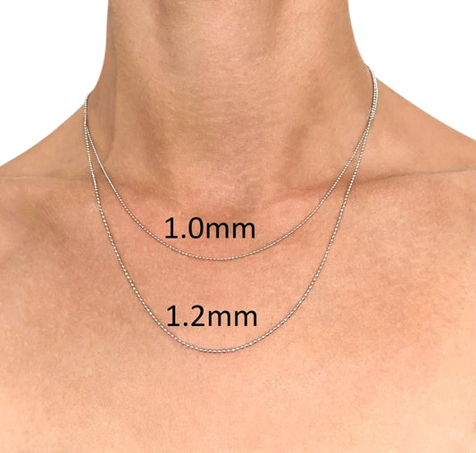 Solid 14K White Gold Bead Chain Necklace 1.0mm- 2.5mm Wide