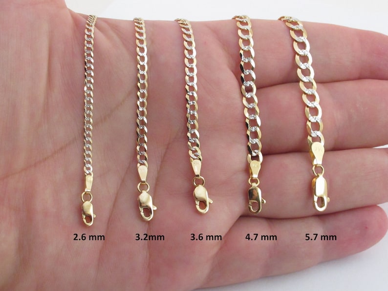 14K Solid Gold Diamond Cut Curb Link Chain, 2.6mm to 12.25mm Wide Necklace