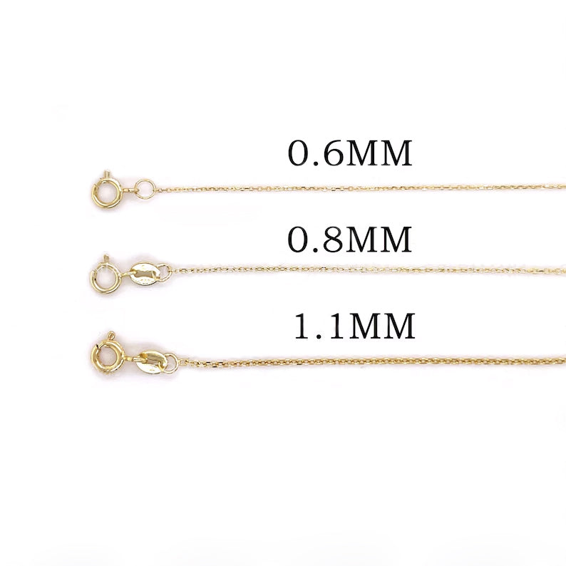 Solid 14K Gold Diamond Cut Cable Link Chain Necklace, 0.6mm - 1.1mm Wide