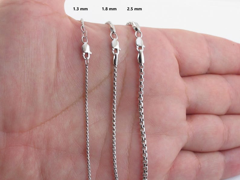 14K White Gold Round Box Chain Necklace, 1.5mm to 2.5mm Wide